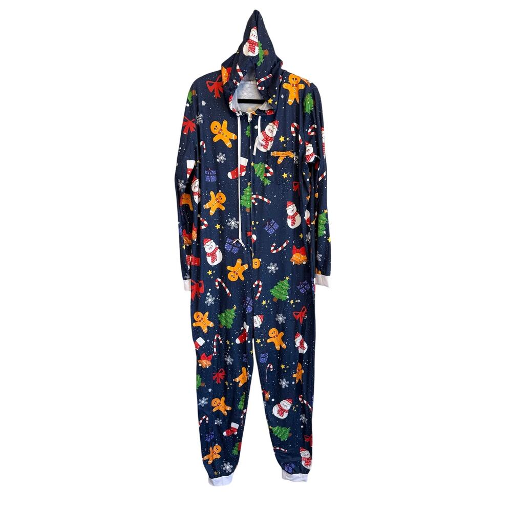 Womens Navy Blue Christmas Gingerbread Snowmen Print Stretch Hooded Onesie 3XL